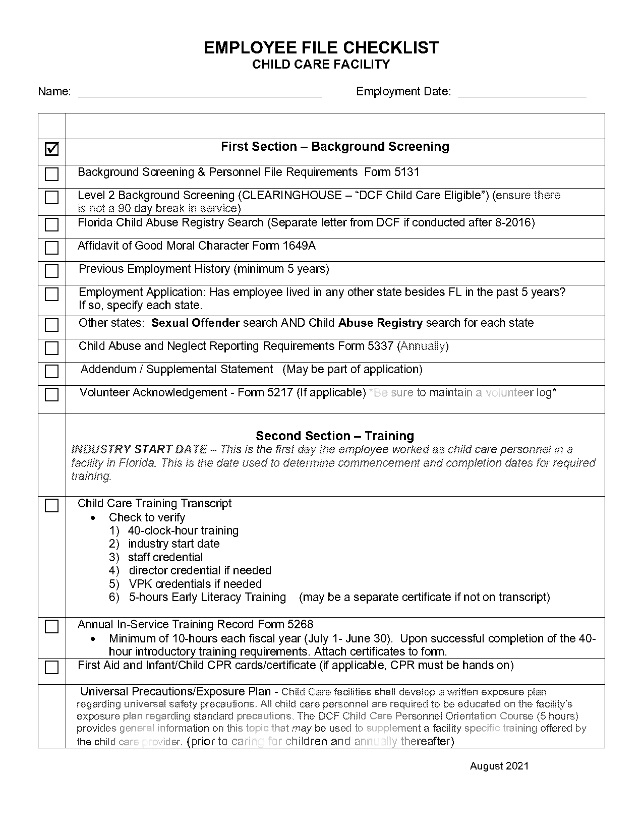 child care employee file checklist