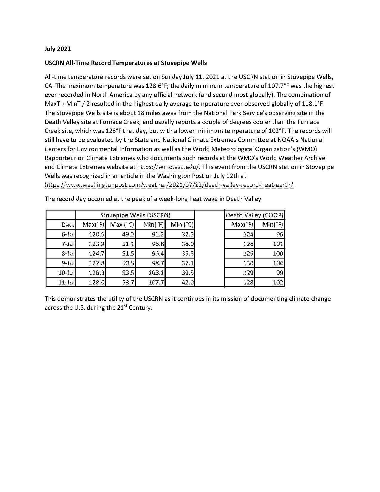 coldest temperature in death valley every recorded