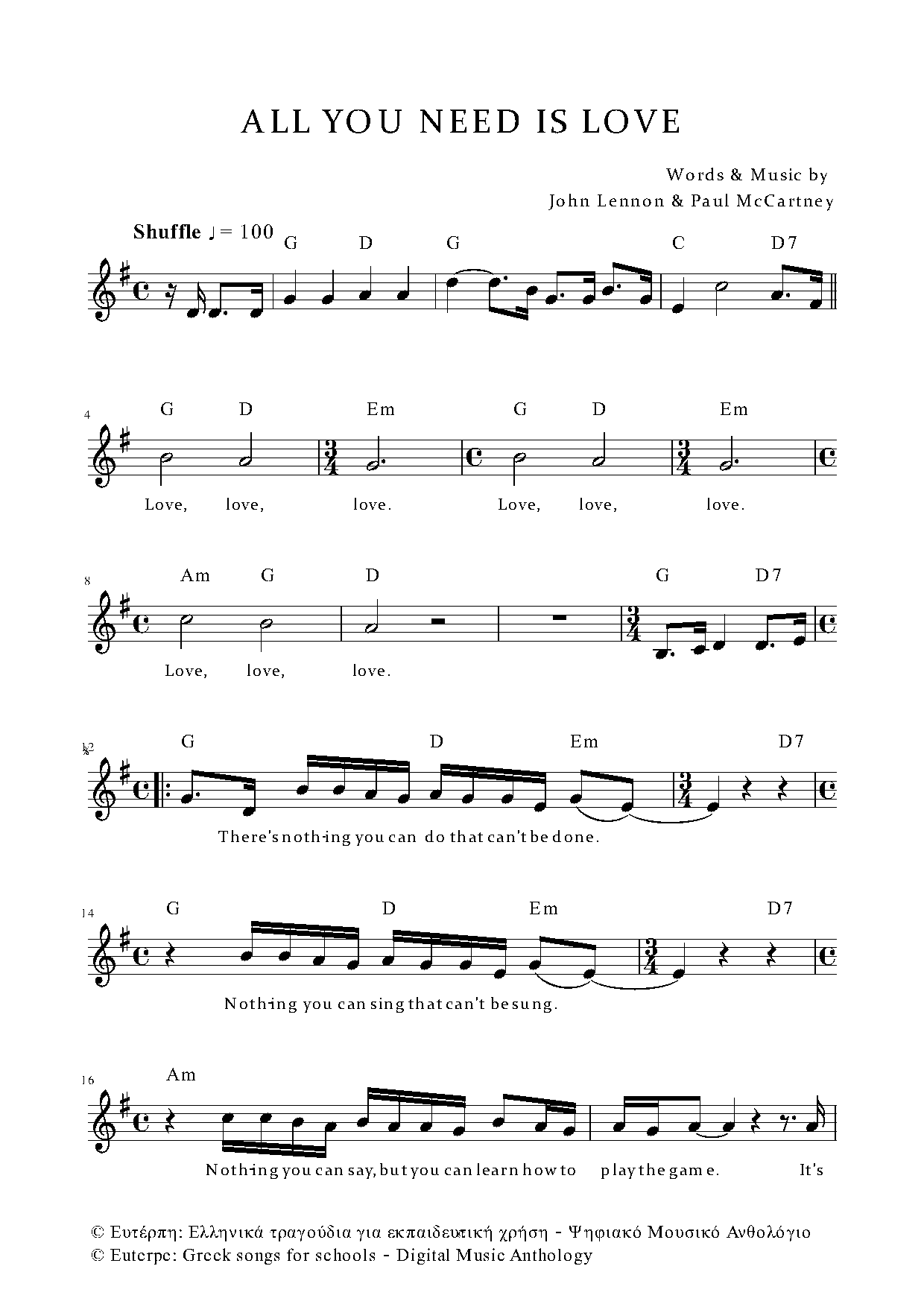 all you need is love lead sheet pdf