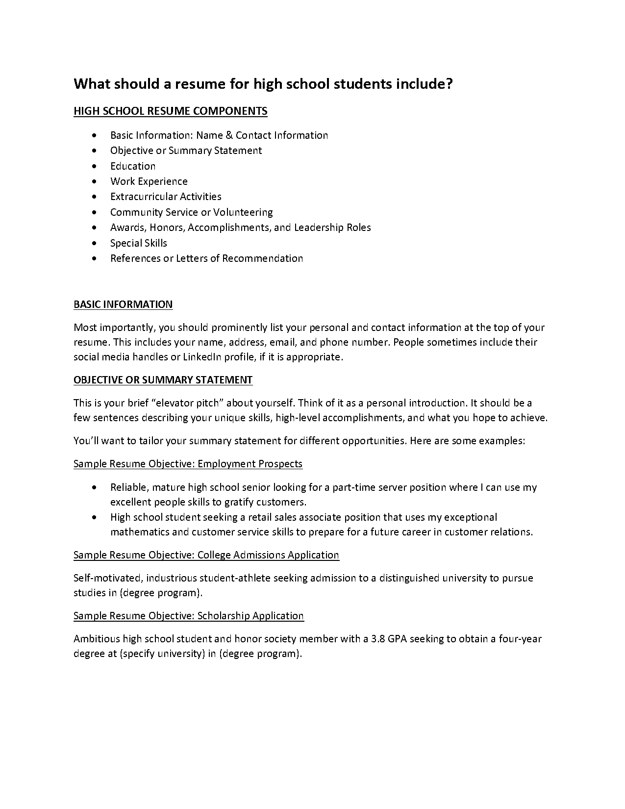 what to write on a resume for a highschool student