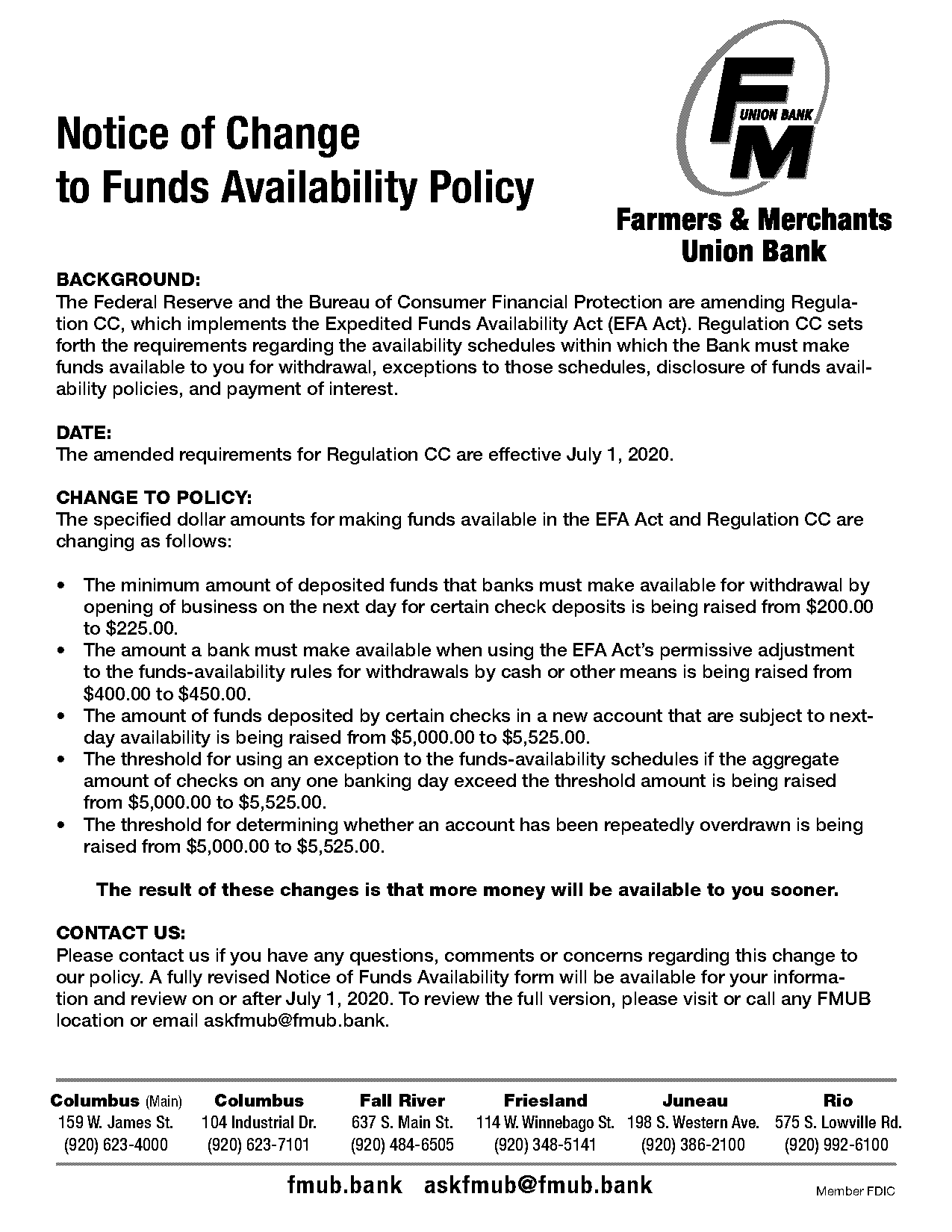 change funds availability policy