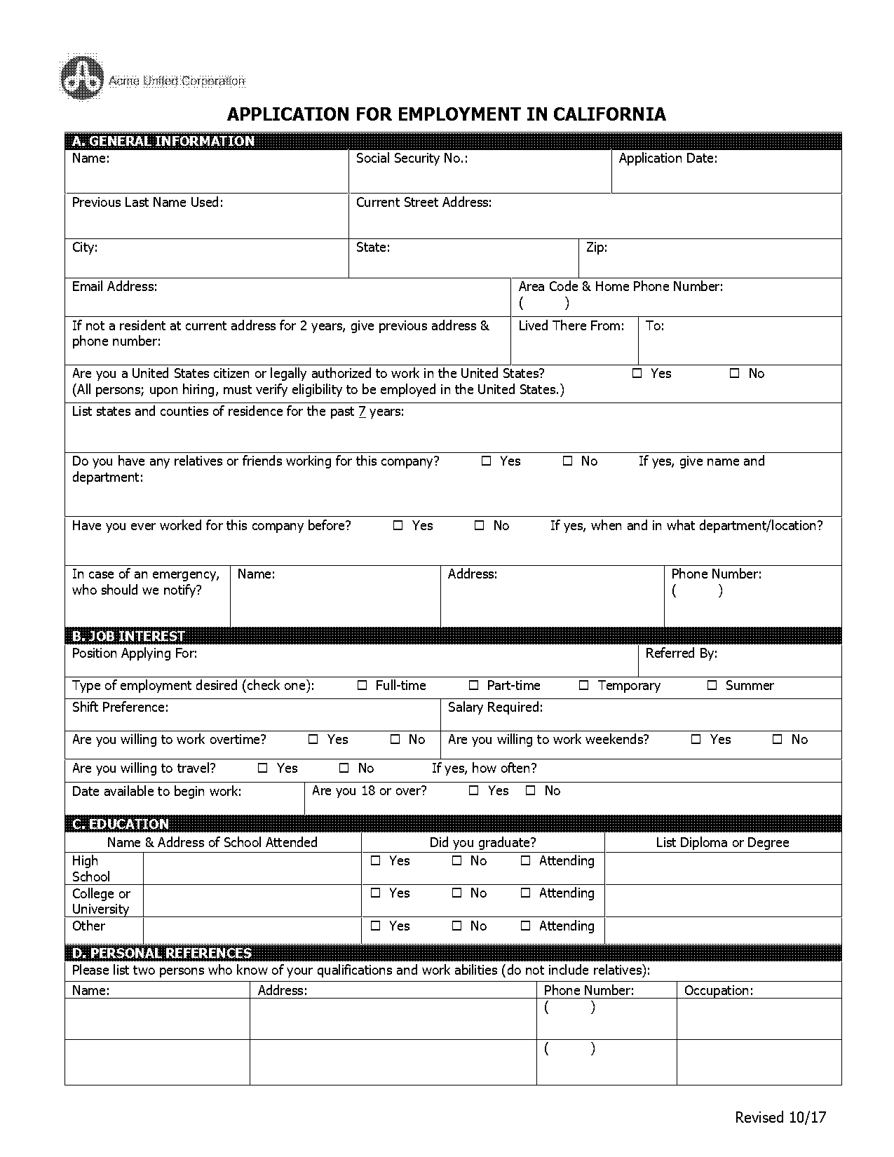 generic job application form for california free pdf