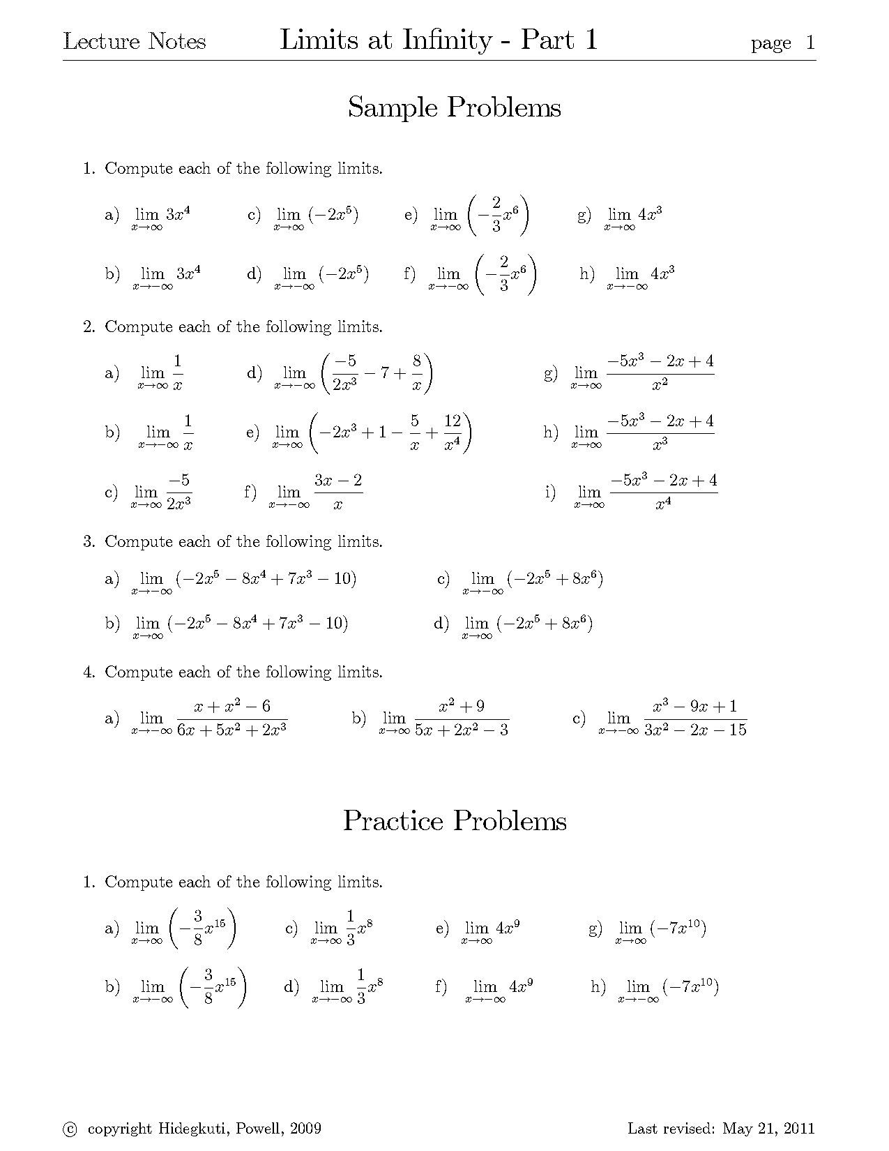 limits of rational functions worksheet