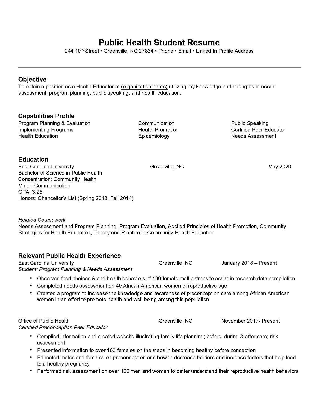 resume objective examples for public health