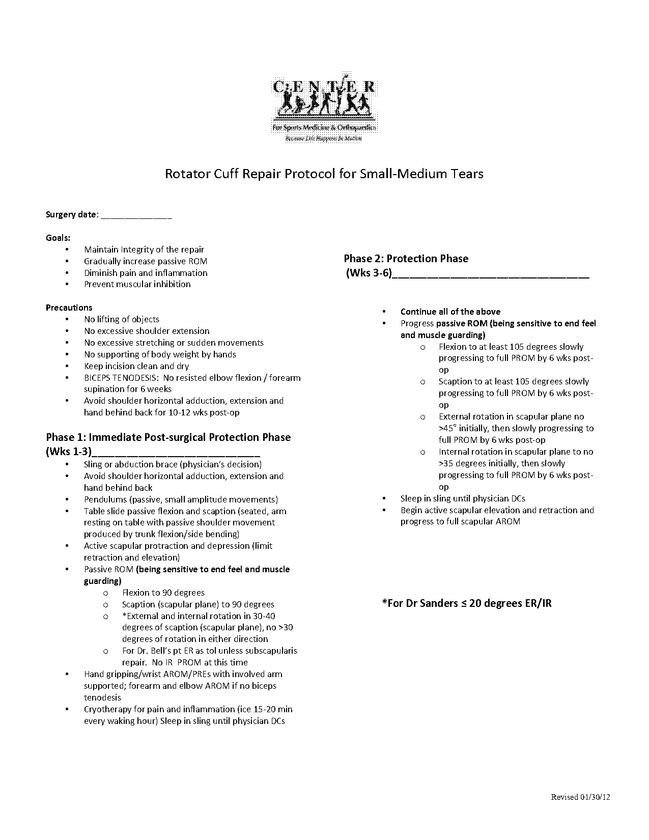 small rotator cuff repair protocol