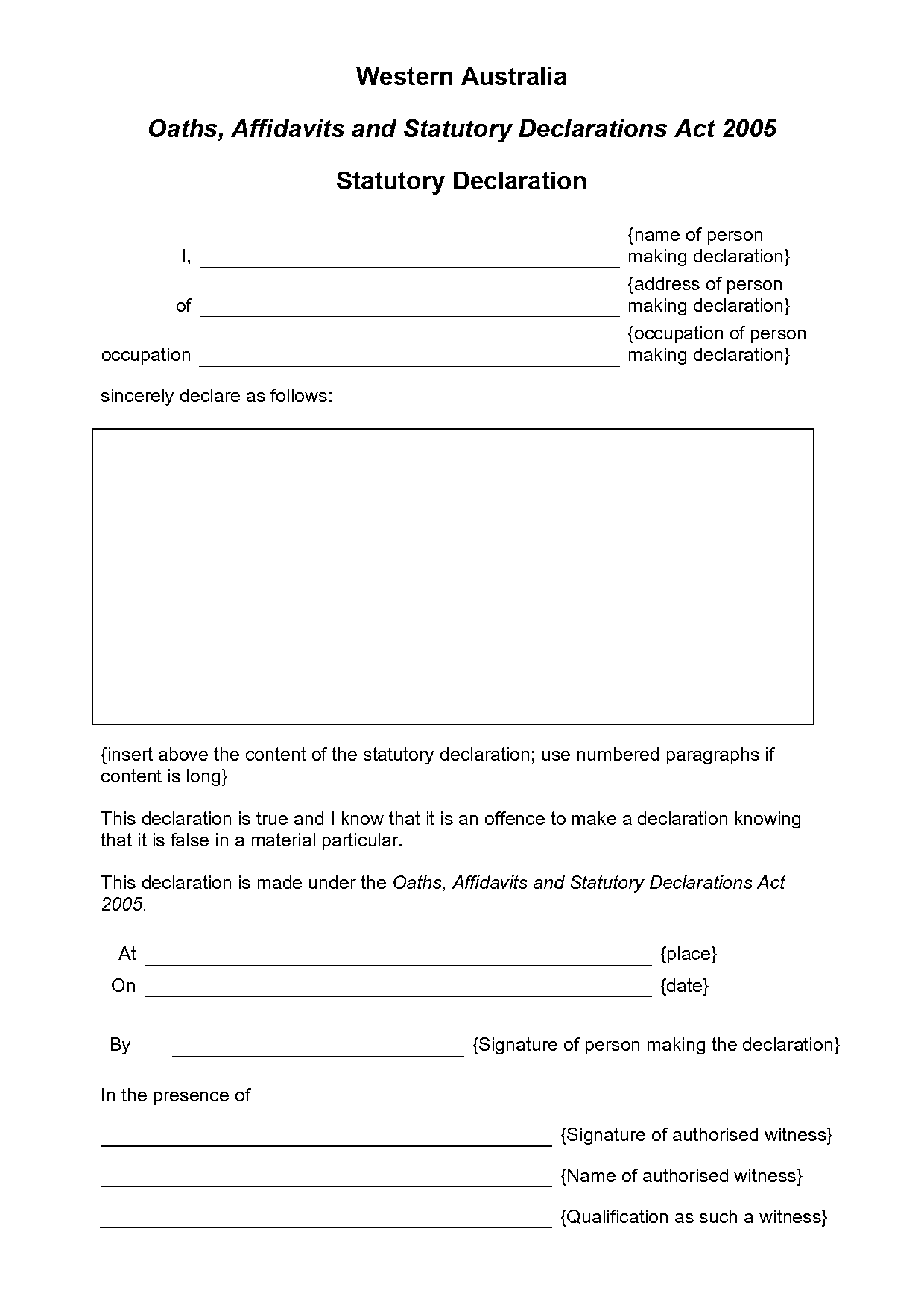 statutory declaration for commonwealth of australia