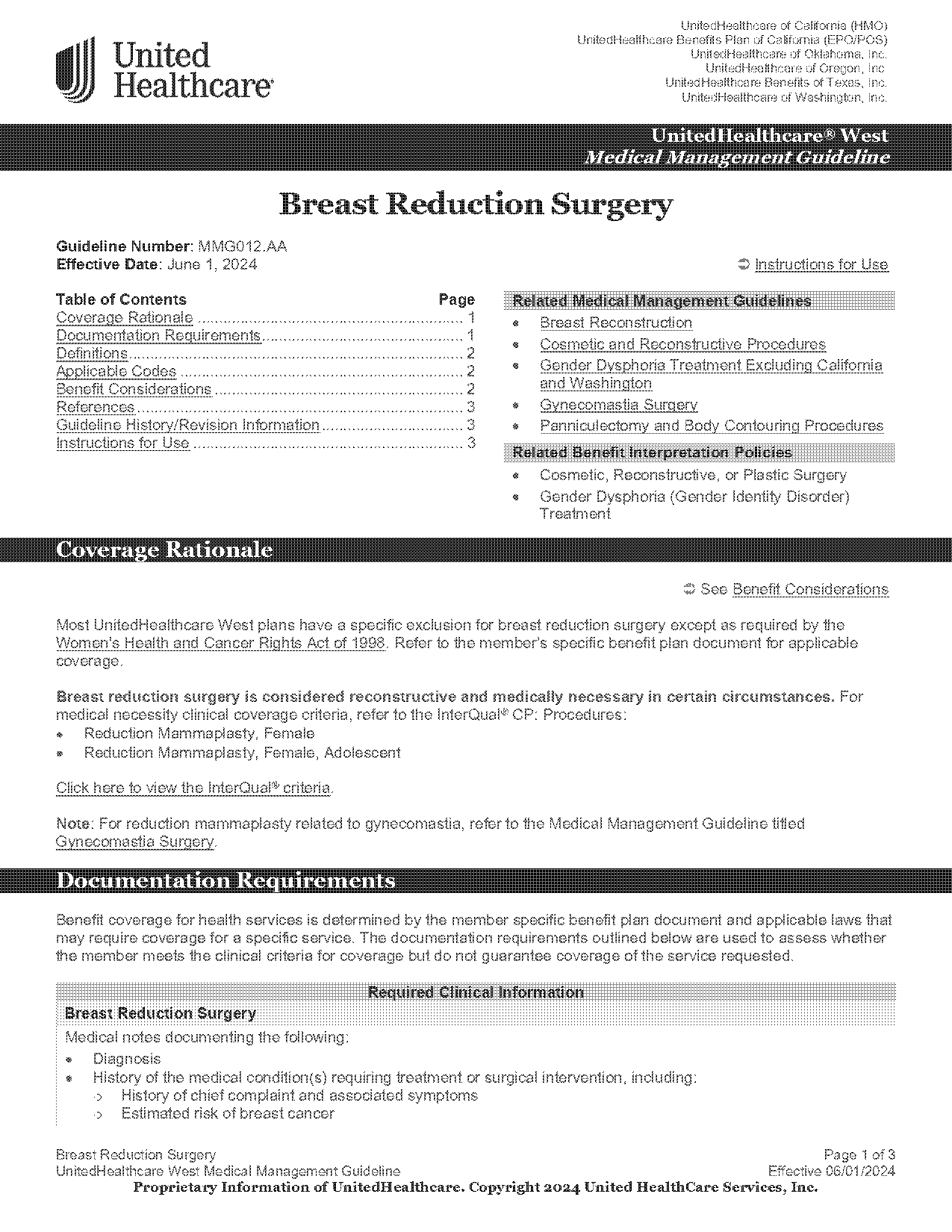 united health care policy guidelines on bilateral breast reduction