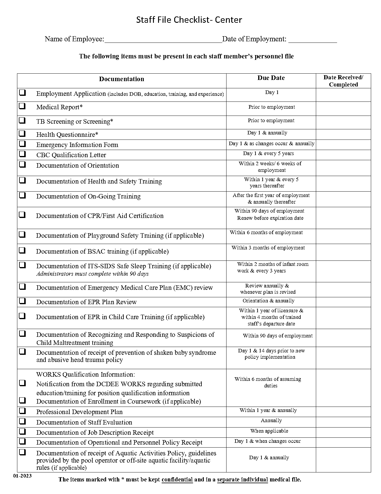 child care employee file checklist