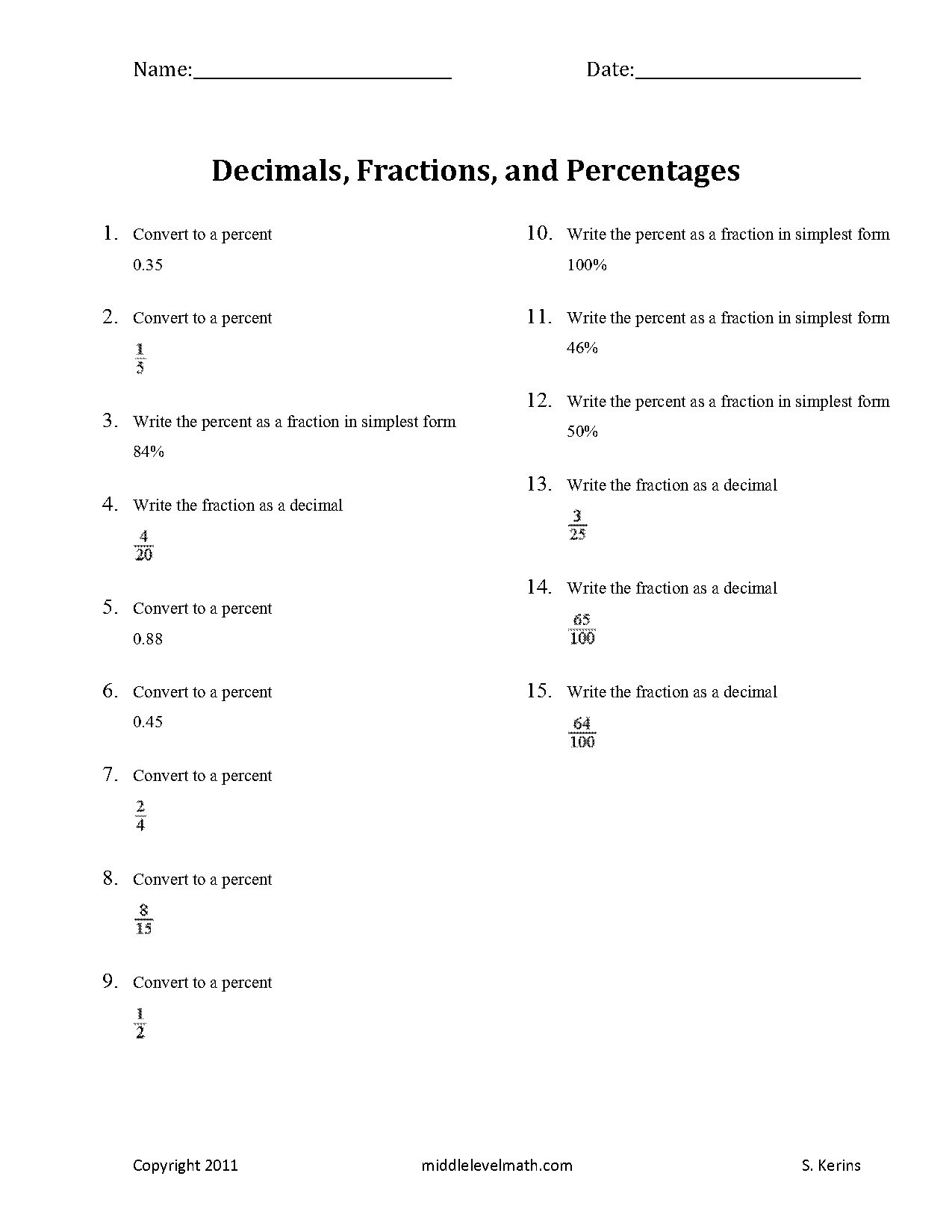 ordering fractions decimals and percentages worksheet pdf