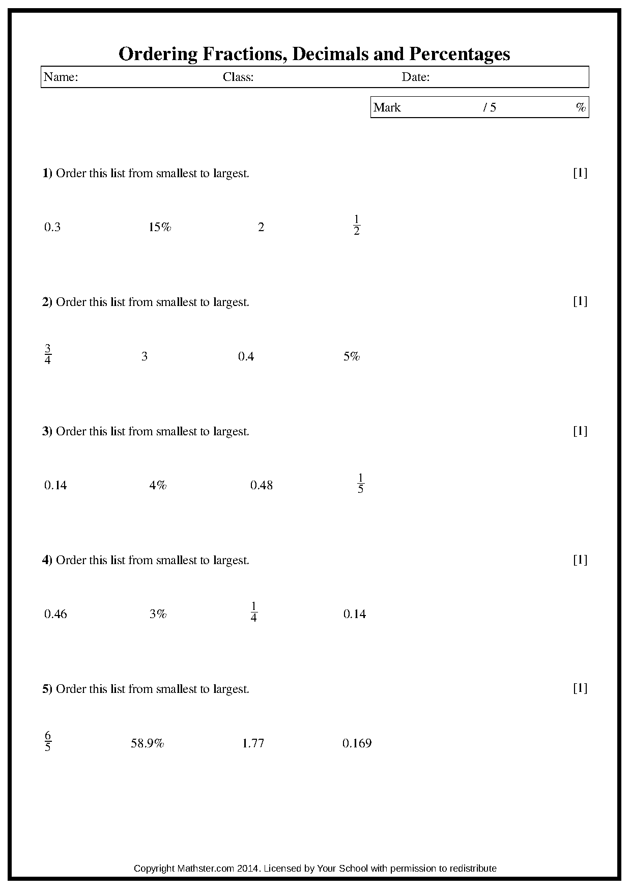 ordering fractions decimals and percentages worksheet pdf