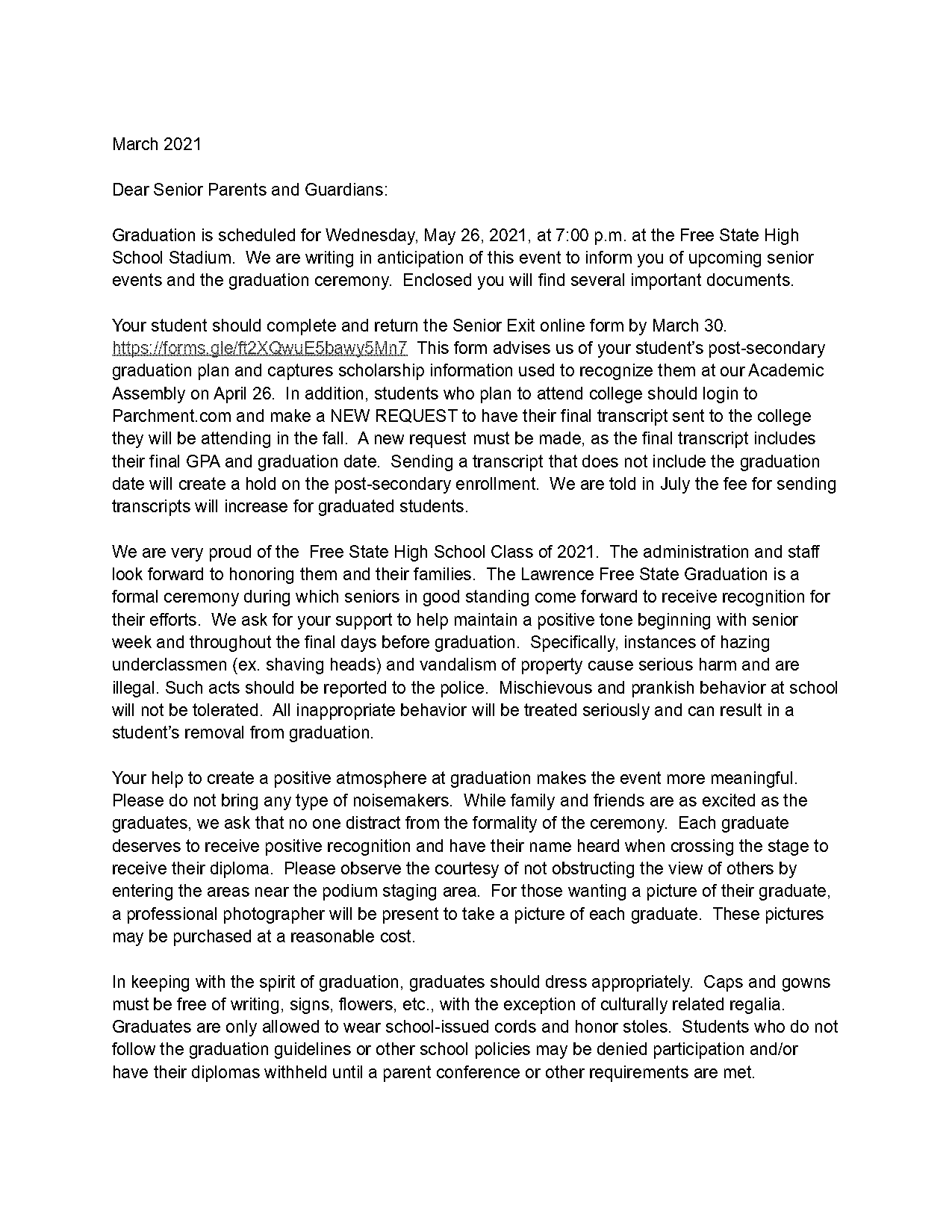 graduation letter for parents